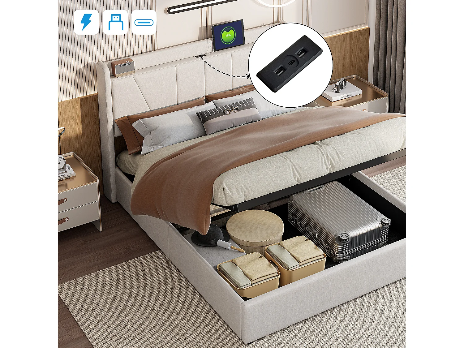Lit coffre 140 x 190 cm - Lit double avec sommier à lattes, rangement, ports USB et Type-C - tissu effet lin beige