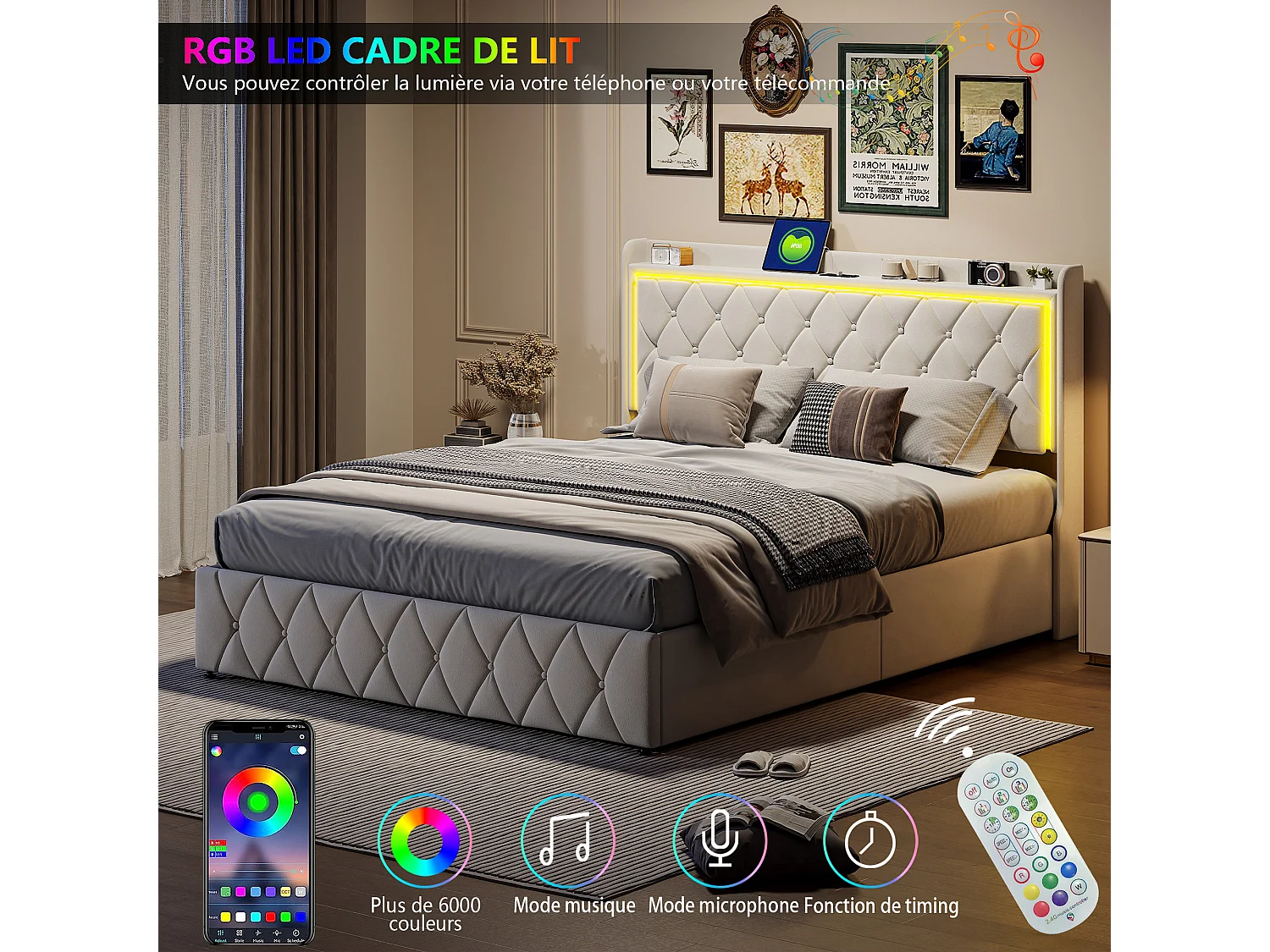 Lit Coffre 160x200 cm - avec LED et USB - Lit Double avec Sommier à Lattes et Tête de Lit Capitonnée - Cadre de Lit Rembourré - Velours Beige