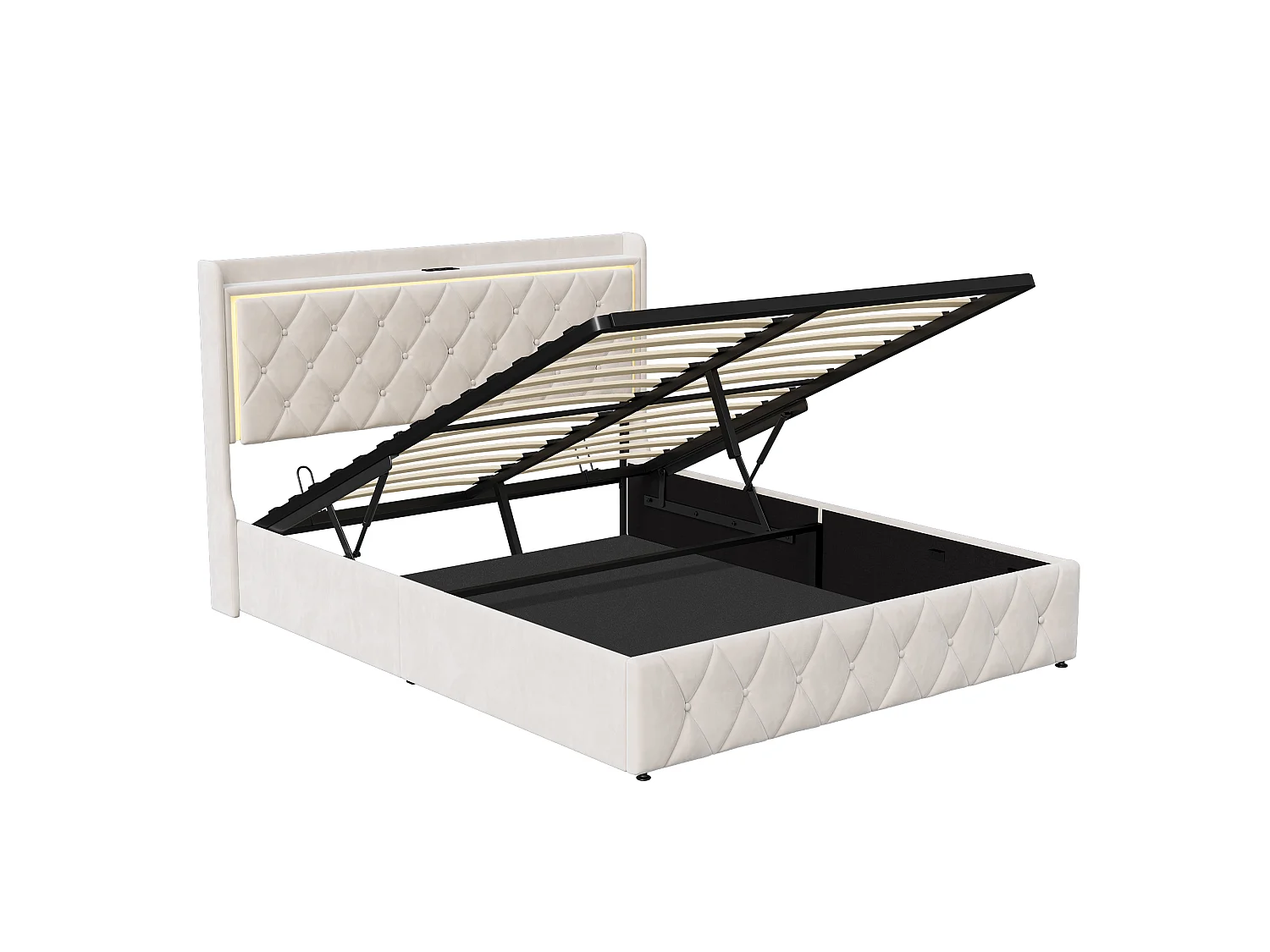 Lit Coffre 160x200 cm - avec LED et USB - Lit Double avec Sommier à Lattes et Tête de Lit Capitonnée - Cadre de Lit Rembourré - Velours Beige