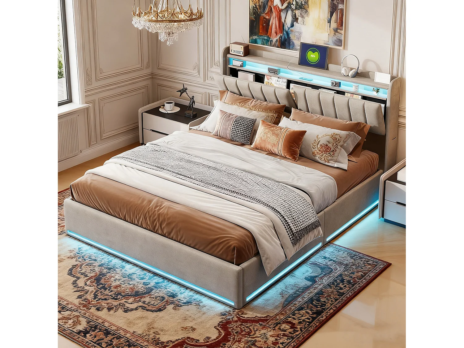 Lit 140x190 cm avec LED et USB - NEXU - lit coffre 140x190 avec sommier à lattes - cadre de lit adulte - tissu en velours - gris