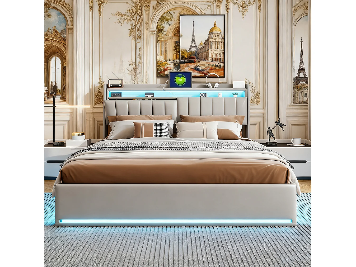Lit 140x190 cm avec LED et USB - NEXU - lit coffre 140x190 avec sommier à lattes - cadre de lit adulte - tissu en velours - gris