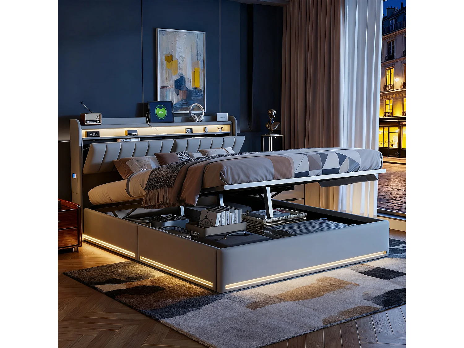 Lit 140x190 cm avec LED et USB - NEXU - lit coffre 140x190 avec sommier à lattes - cadre de lit adulte - tissu en velours - gris
