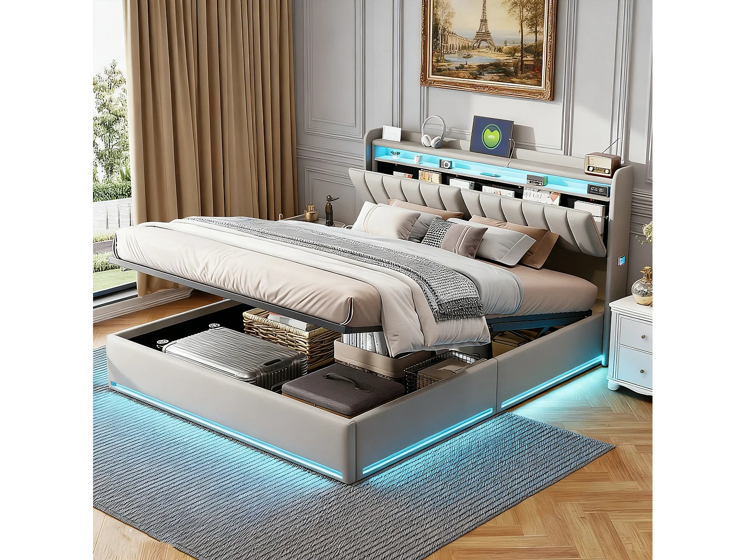 Lit 140x190 cm avec LED et USB - NEXU - lit coffre 140x190 avec sommier à lattes - cadre de lit adulte - tissu en velours - gris