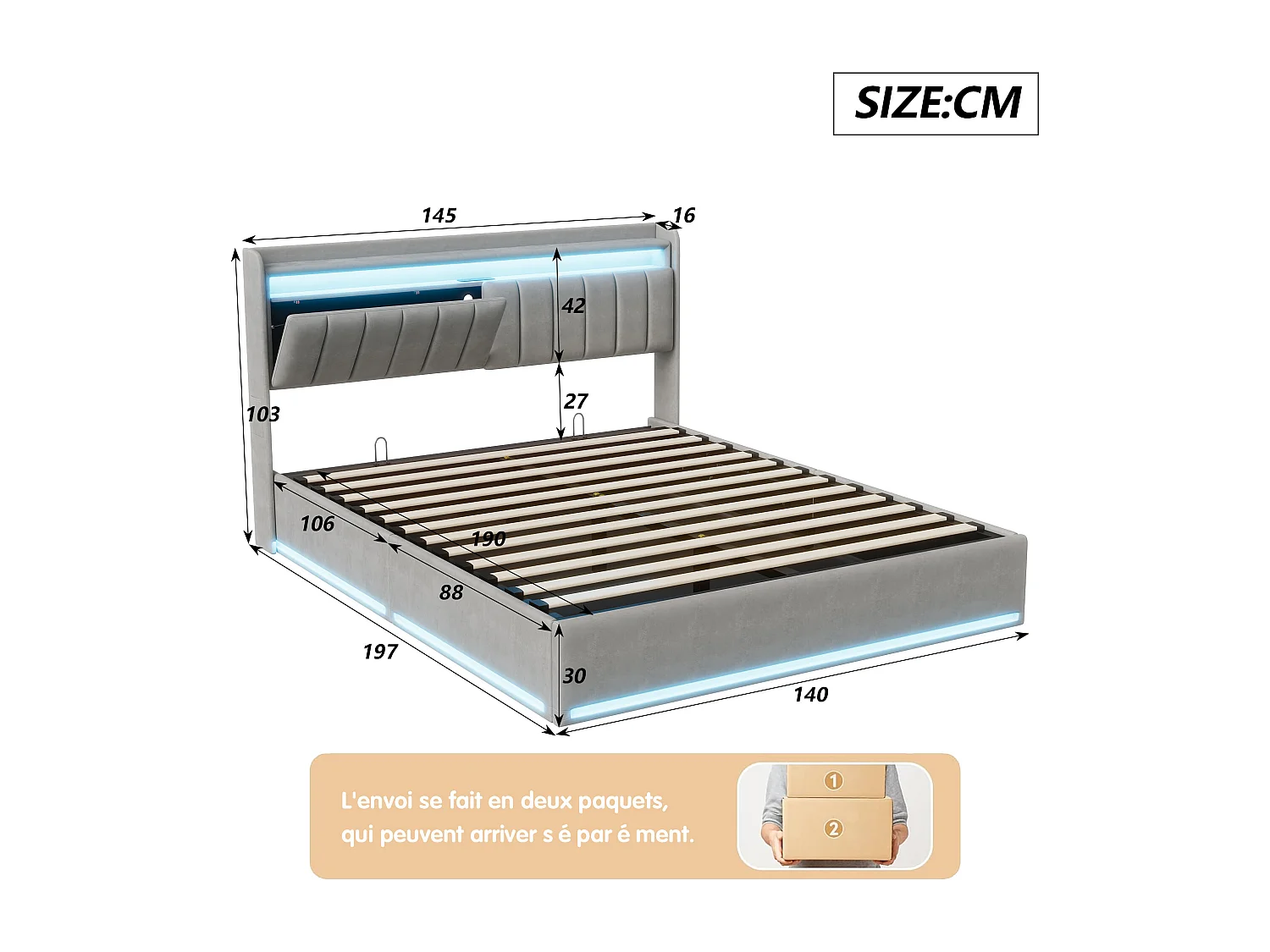 Lit 140x190 cm avec LED et USB - NEXU - lit coffre 140x190 avec sommier à lattes - cadre de lit adulte - tissu en velours - gris