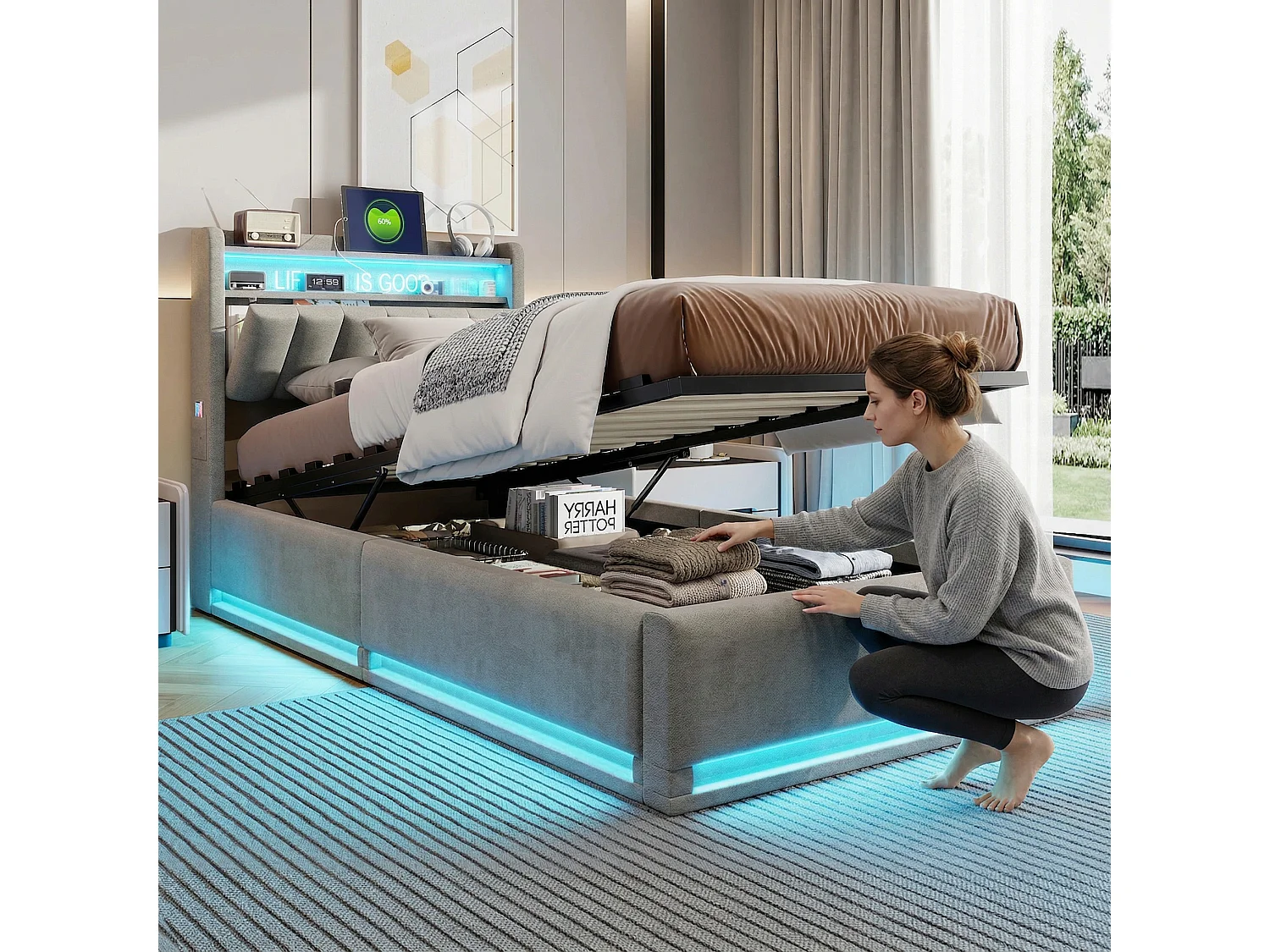 Lit coffre adulte 140x190 cm avec LED et USB, sommier à lattes, cadre de lit en velours gris
