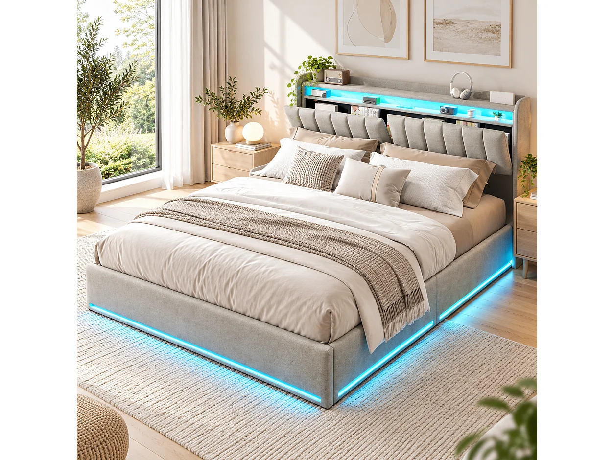 140x190 cm bed met LED en USB - NEXU - 140x190 opbergbed met lattenbodem - bedframe voor volwassenen - fluwelen stof - grijs