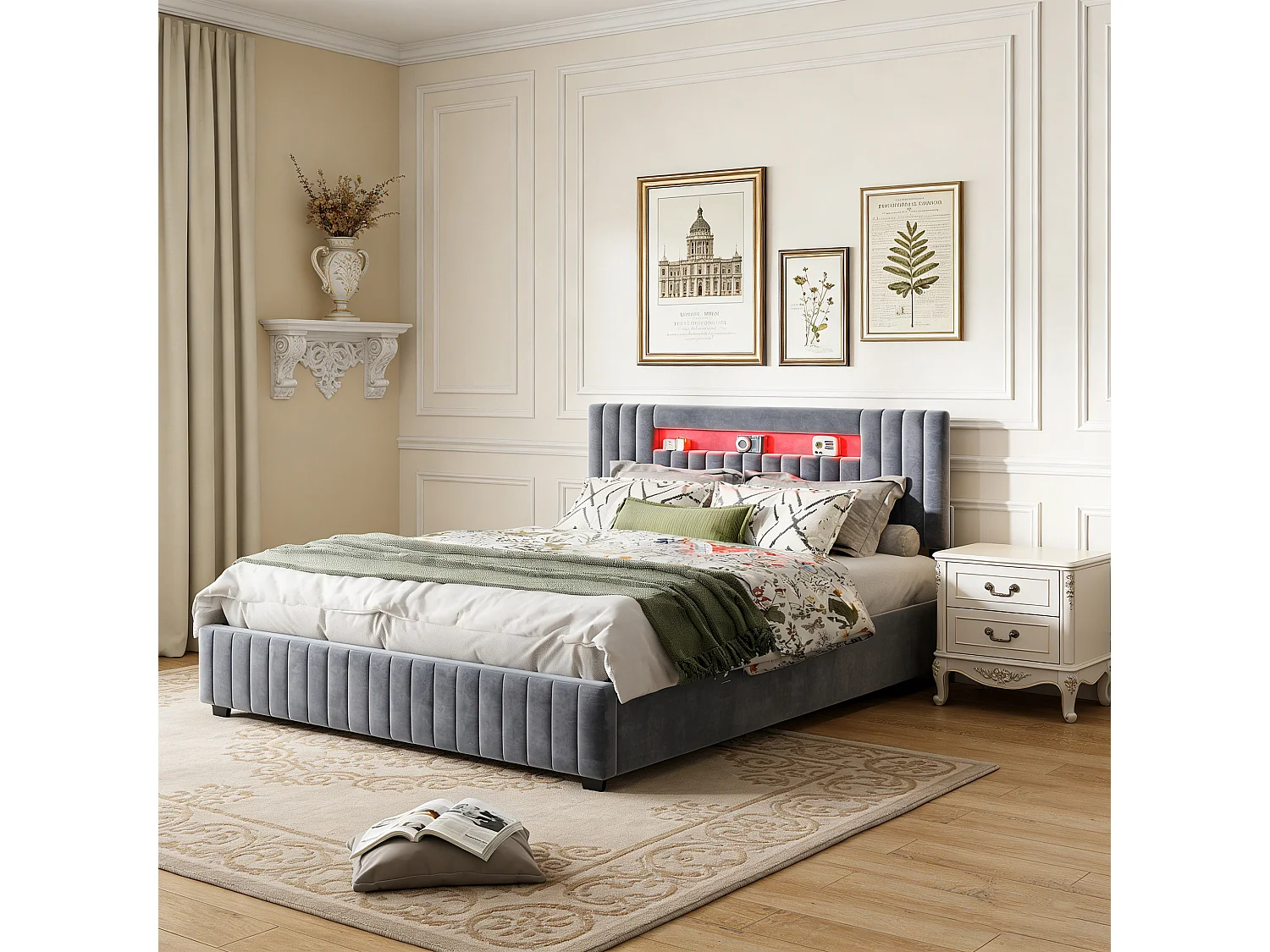 Lit 2 Personne 160x200 cm avec rangement, Lit coffre avec LED, Lit capitonne avec sommier a lattes, Lit adulte, Velours, Gris