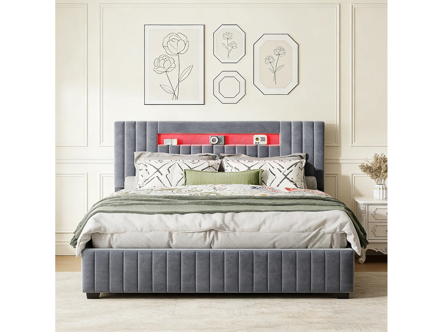 Lit 2 Personne 160x200 cm avec rangement, Lit coffre avec LED, Lit capitonne avec sommier a lattes, Lit adulte, Velours, Gris