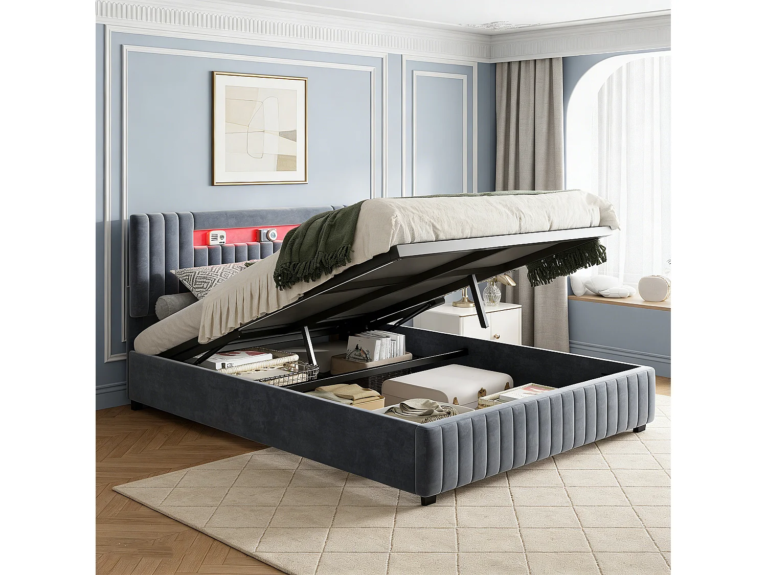 Lit 2 Personne 160x200 cm avec rangement, Lit coffre avec LED, Lit capitonne avec sommier a lattes, Lit adulte, Velours, Gris