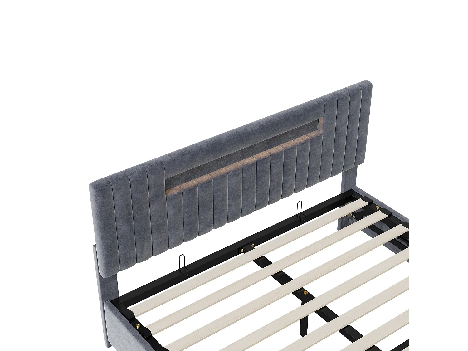 Lit 2 Personne 160x200 cm avec rangement, Lit coffre avec LED, Lit capitonne avec sommier a lattes, Lit adulte, Velours, Gris