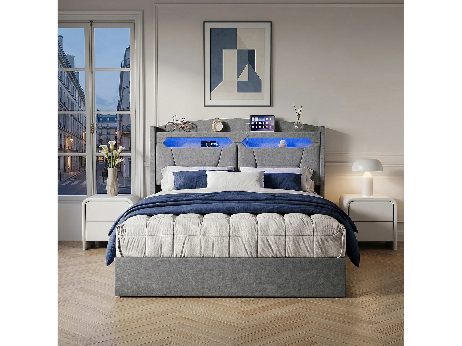 Lit coffre 140x190 - NEXU - lit 140x190 avec rangement -  Charge USB et LED intégrée - Lin gris - 2 personnes