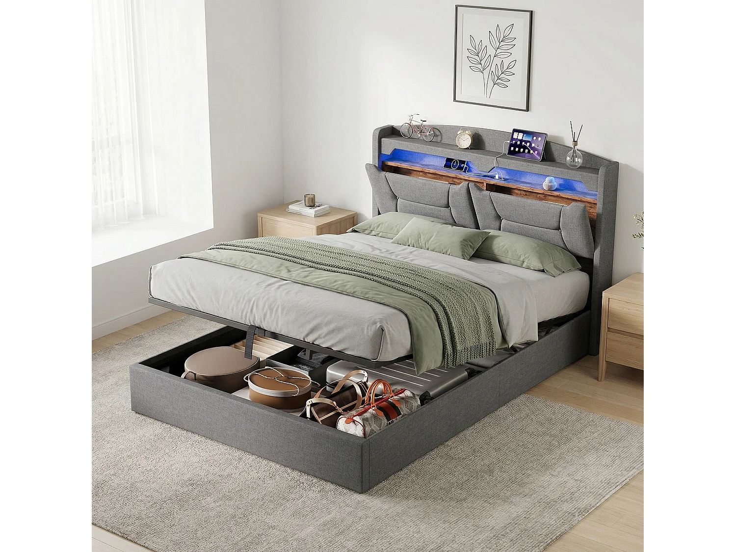 Lit coffre 140x190 - NEXU - lit 140x190 avec rangement -  Charge USB et LED intégrée - Lin gris - 2 personnes