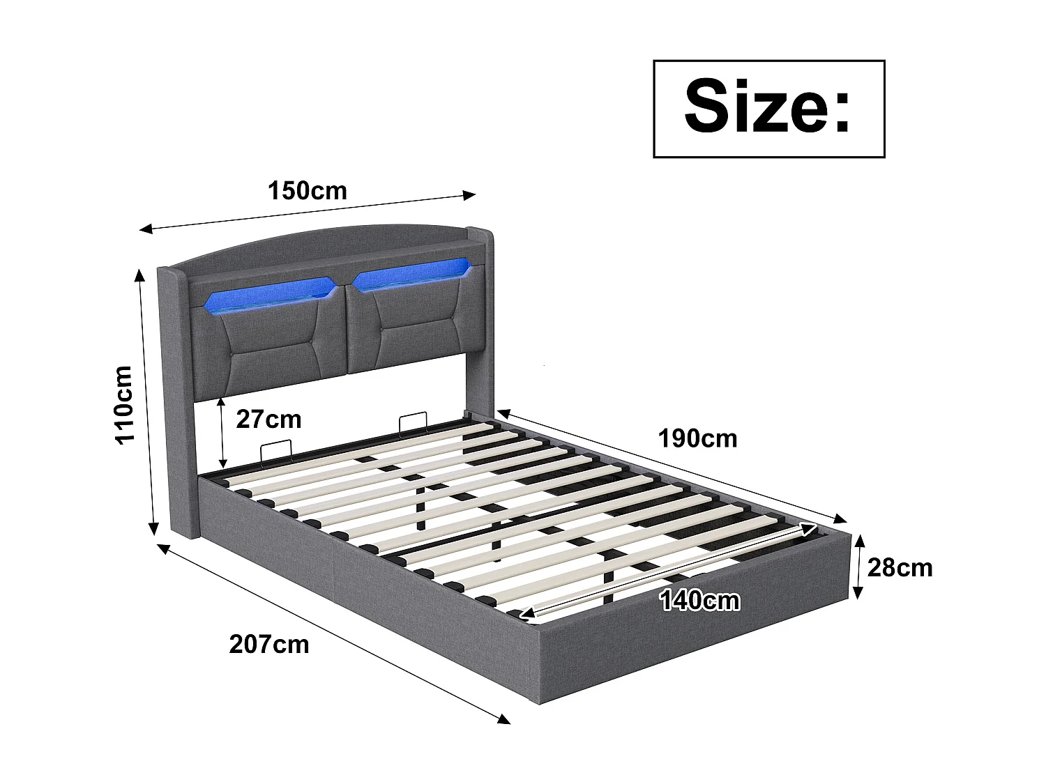 Lit coffre 140x190 - NEXU - lit 140x190 avec rangement -  Charge USB et LED intégrée - Lin gris - 2 personnes
