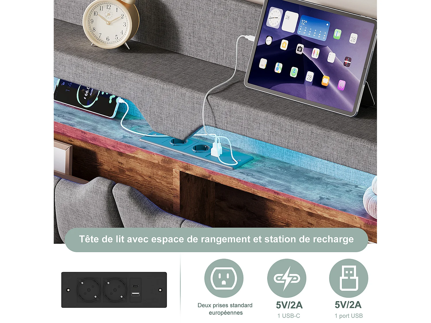 Lit coffre 140x190 - NEXU - lit 140x190 avec rangement -  Charge USB et LED intégrée - Lin gris - 2 personnes