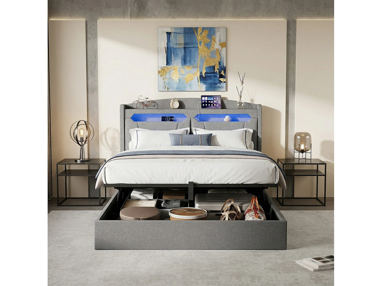 Lit coffre 140x190 - NEXU - lit 140x190 avec rangement -  Charge USB et LED intégrée - Lin gris - 2 personnes