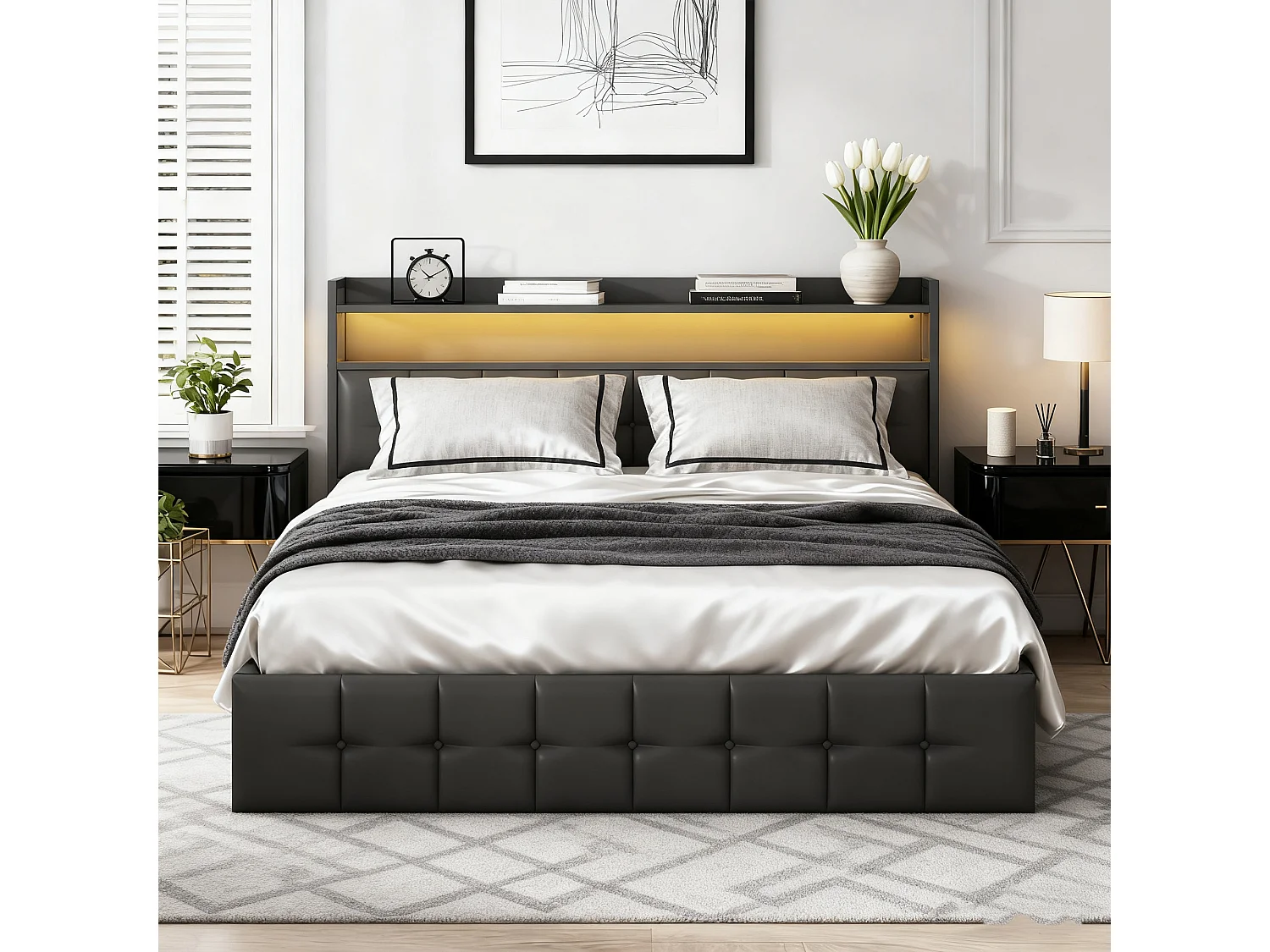 Lit coffre 140x190 cm- NEXU -  - USB - RGB LED - PU - Cadre de lit 140x190 cm - Noir