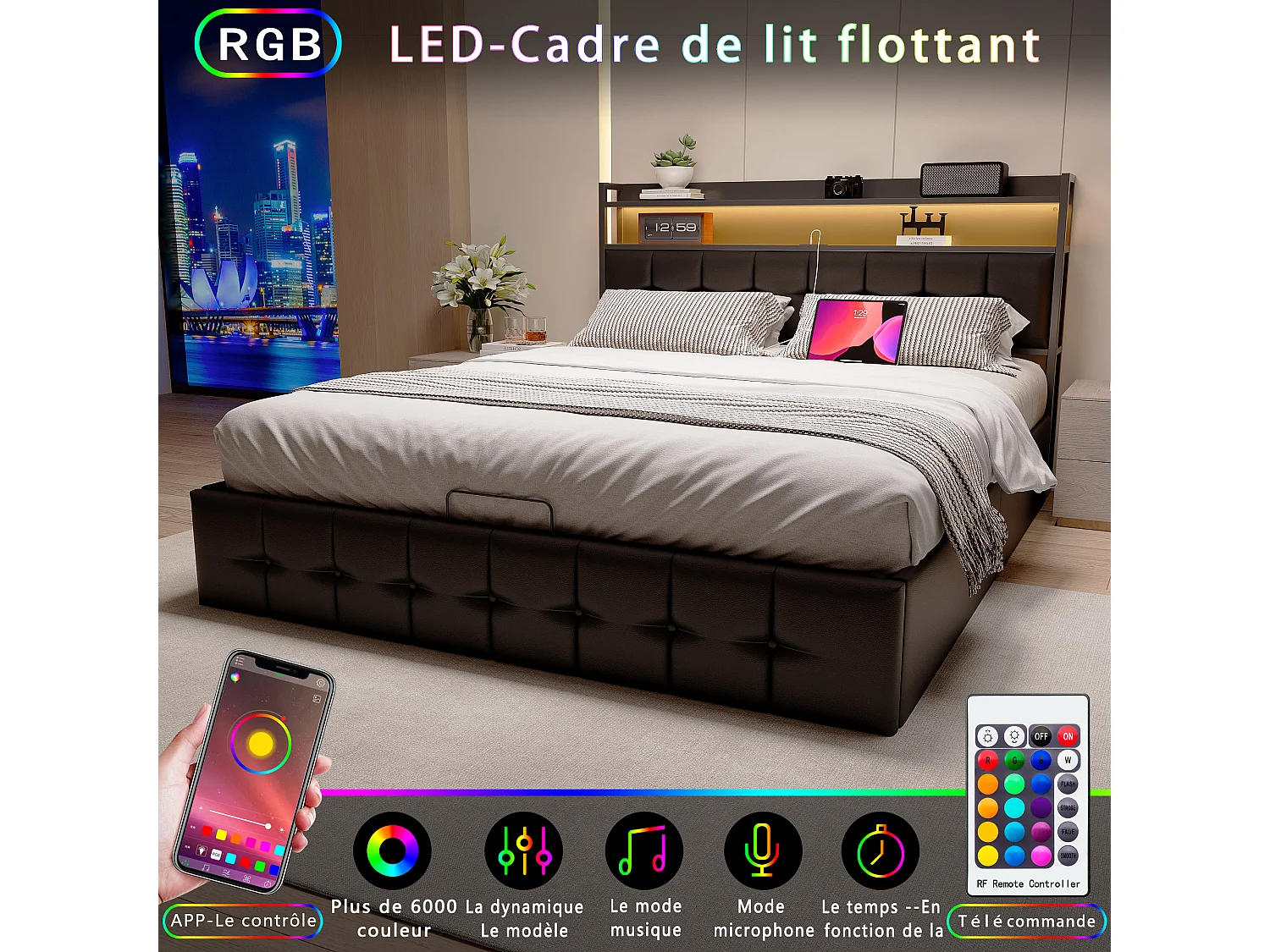 Lit coffre 140x190 cm- NEXU -  - USB - RGB LED - PU - Cadre de lit 140x190 cm - Noir