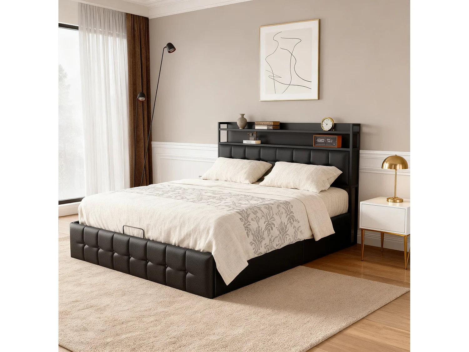 Lit coffre 140x190 cm- NEXU -  - USB - RGB LED - PU - Cadre de lit 140x190 cm - Noir