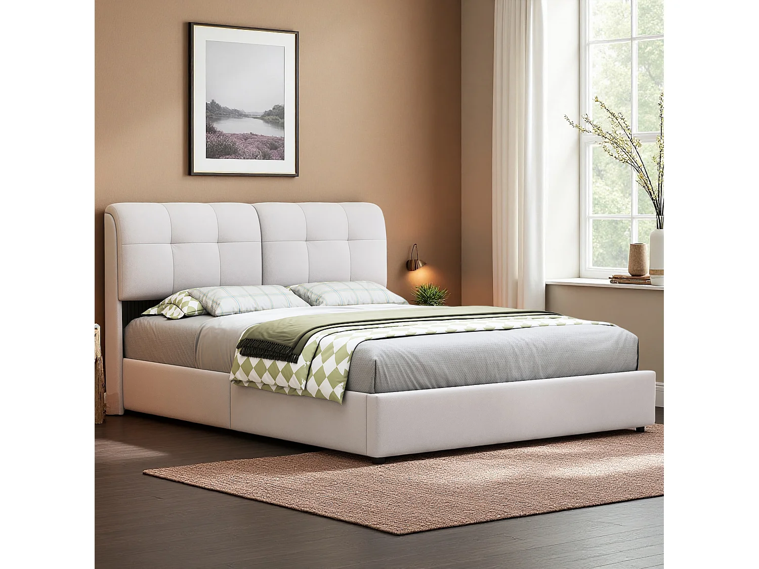Lit 160x200 cm, NEXU, LED réglable, hydraulique, moderne, cadre de lit 160x200 cm, Velours, beige