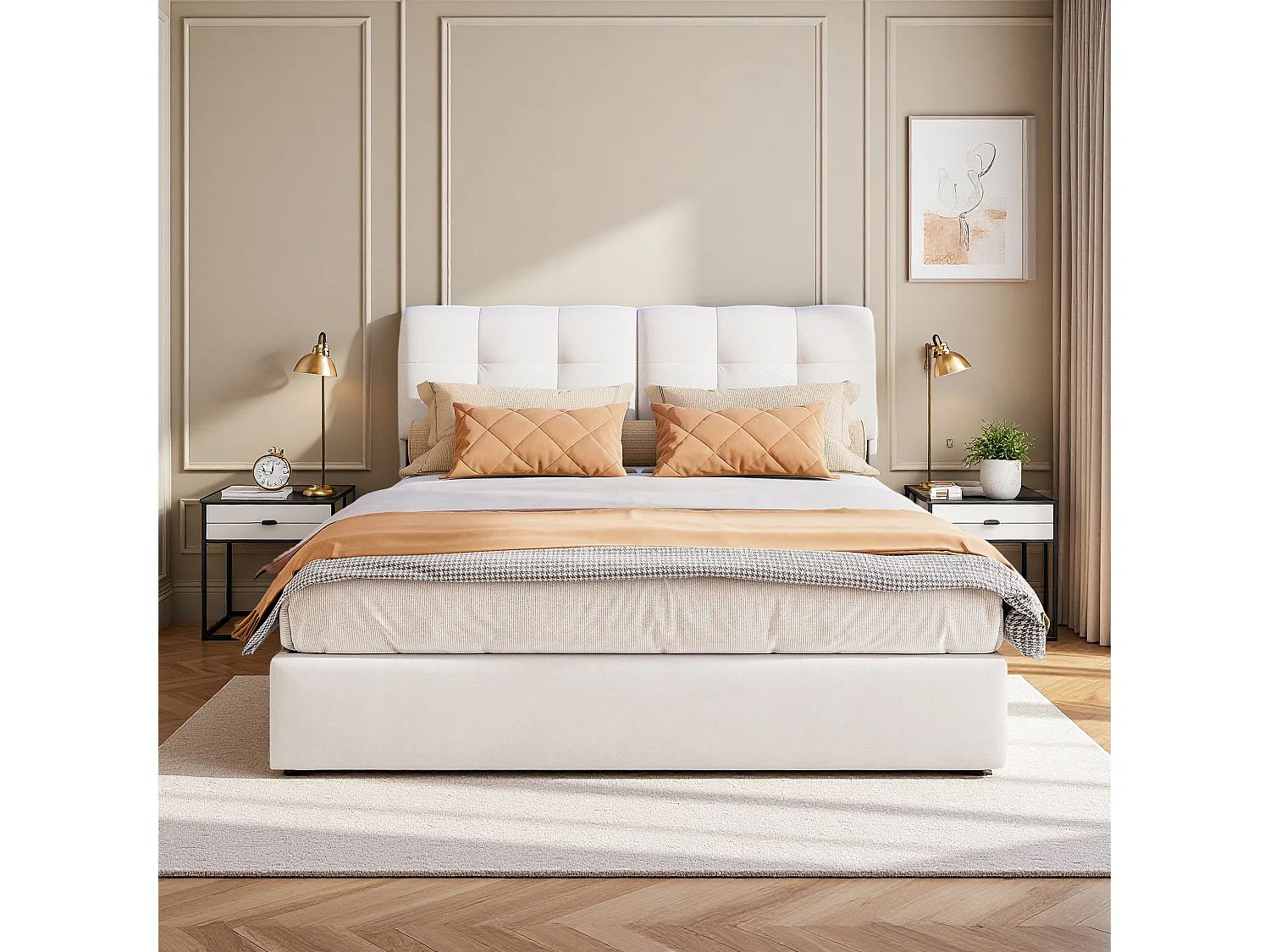 Lit 160x200 cm, NEXU, LED réglable, hydraulique, moderne, cadre de lit 160x200 cm, Velours, beige
