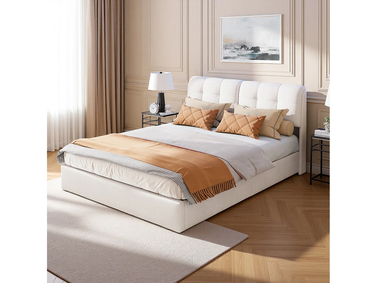 Lit 160x200 cm, NEXU, LED réglable, hydraulique, moderne, cadre de lit 160x200 cm, Velours, beige