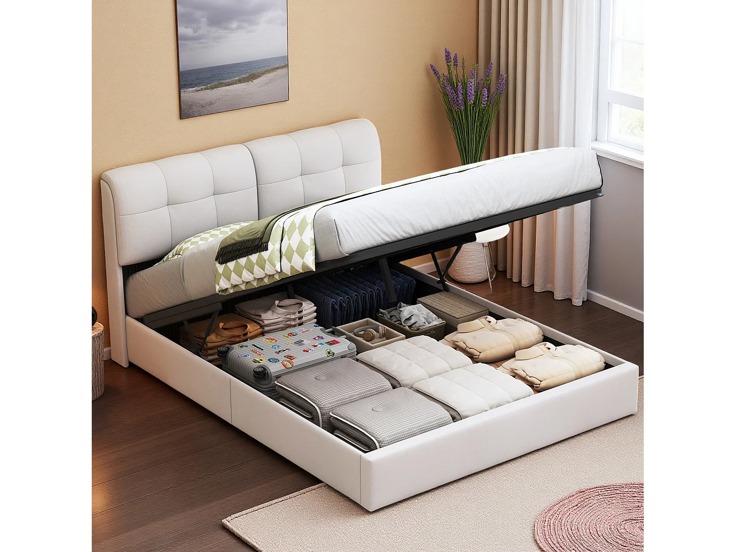 Lit 160x200 cm, NEXU, LED réglable, hydraulique, moderne, cadre de lit 160x200 cm, Velours, beige
