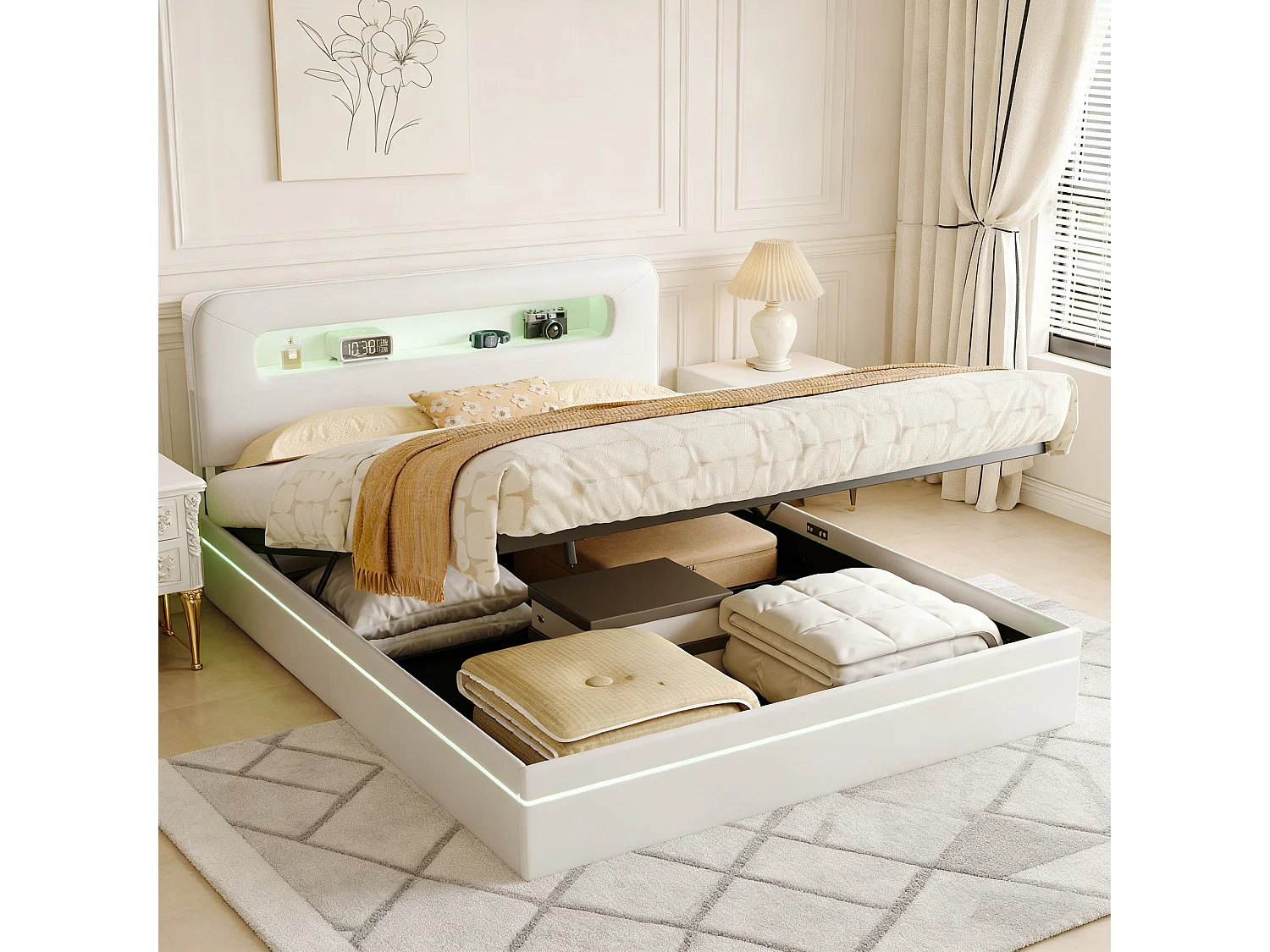 Lit Coffre Capitonné 160X200 cm - Lit Hydraulique Double Avec Sommier À Lattes En Bois - LED - Pour Adulte- Velours Beige