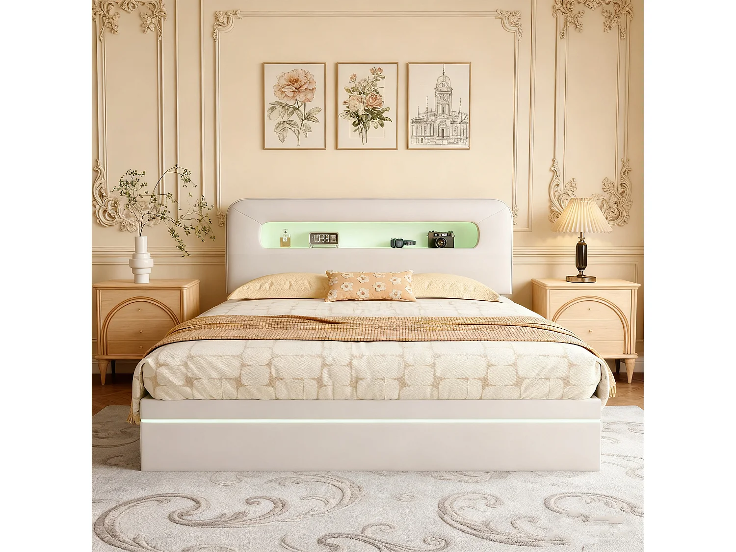 Lit Coffre Capitonné 160X200 cm - Lit Hydraulique Double Avec Sommier À Lattes En Bois - LED - Pour Adulte- Velours Beige