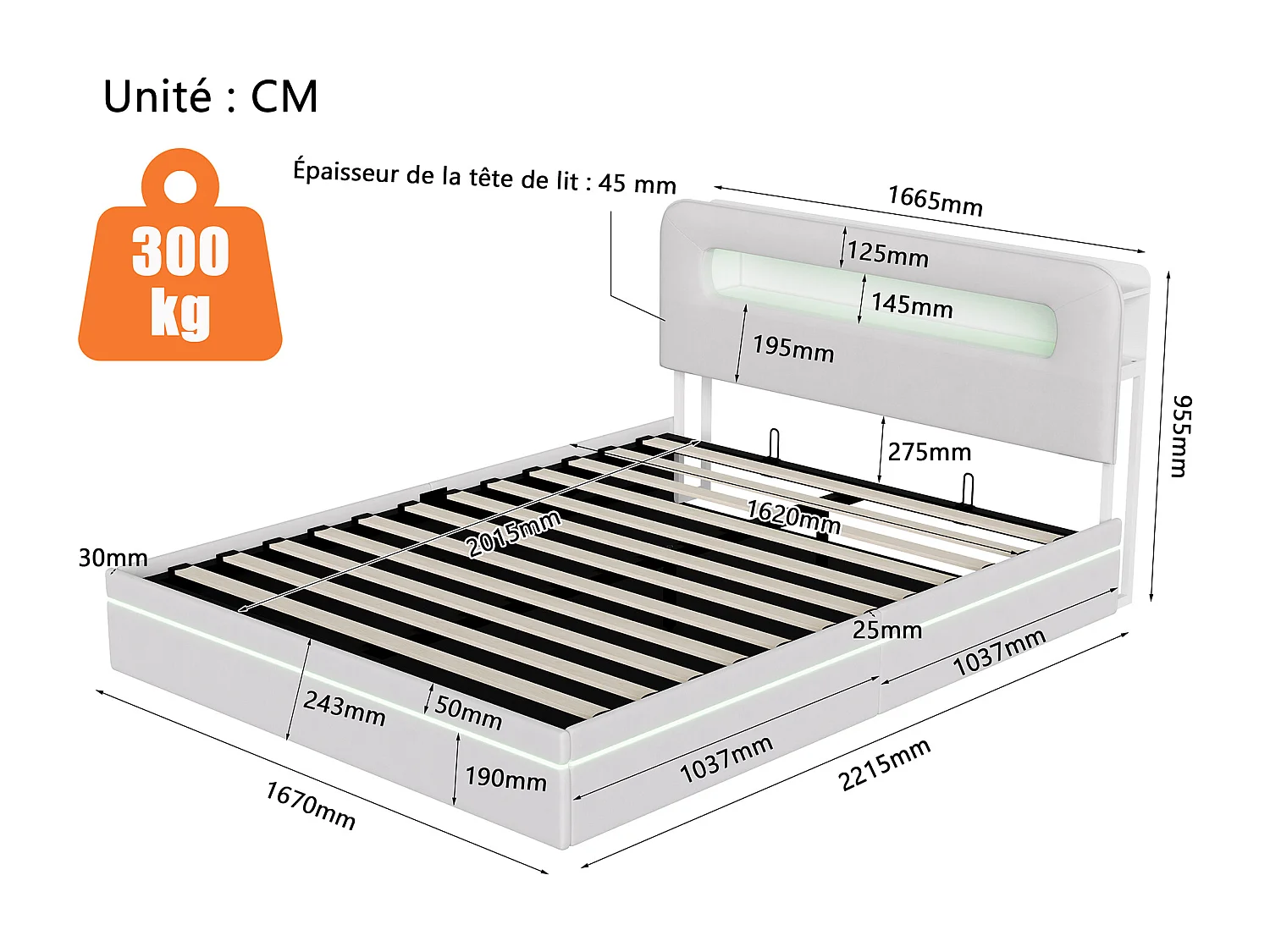 Lit Coffre Capitonné 160X200 cm - Lit Hydraulique Double Avec Sommier À Lattes En Bois - LED - Pour Adulte- Velours Beige