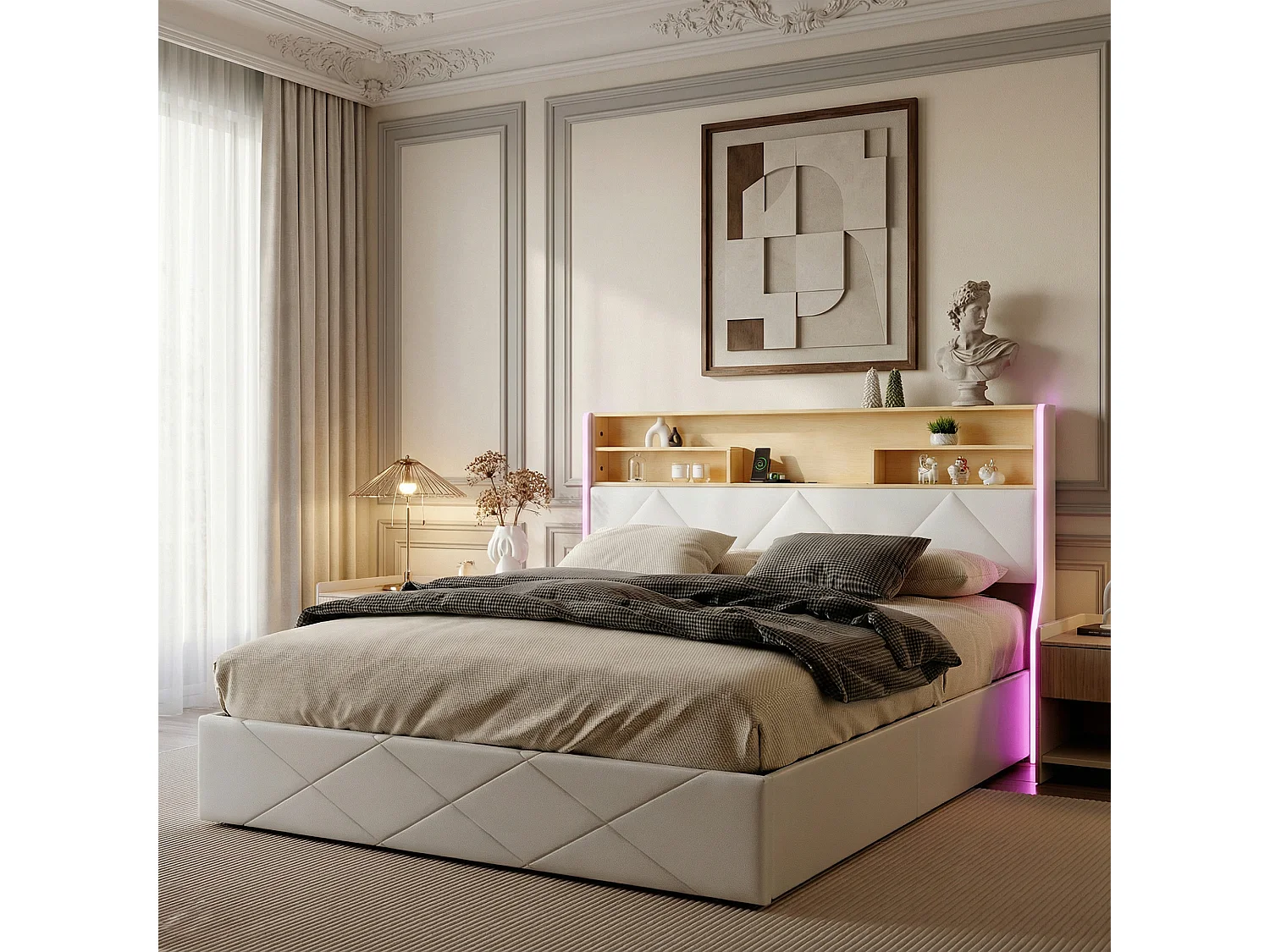 Lit coffre 140x190 - POCKETPOP - PU blanc - Tête de lit avec led et usb - Cadre de Lit avec Sommier à Lattes en Bois - 2 places