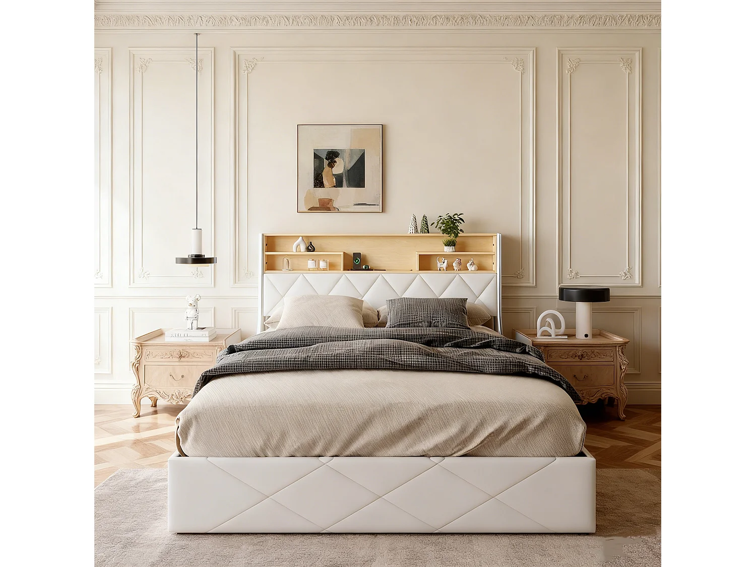 Lit coffre 140x190 - POCKETPOP - PU blanc - Tête de lit avec led et usb - Cadre de Lit avec Sommier à Lattes en Bois - 2 places