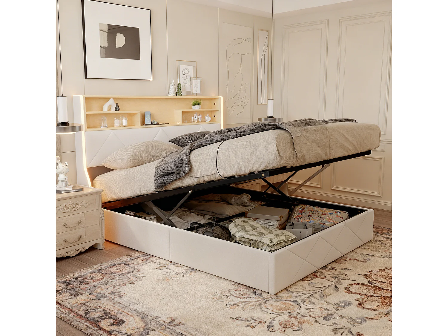 Lit coffre 140x190 - POCKETPOP - PU blanc - Tête de lit avec led et usb - Cadre de Lit avec Sommier à Lattes en Bois - 2 places