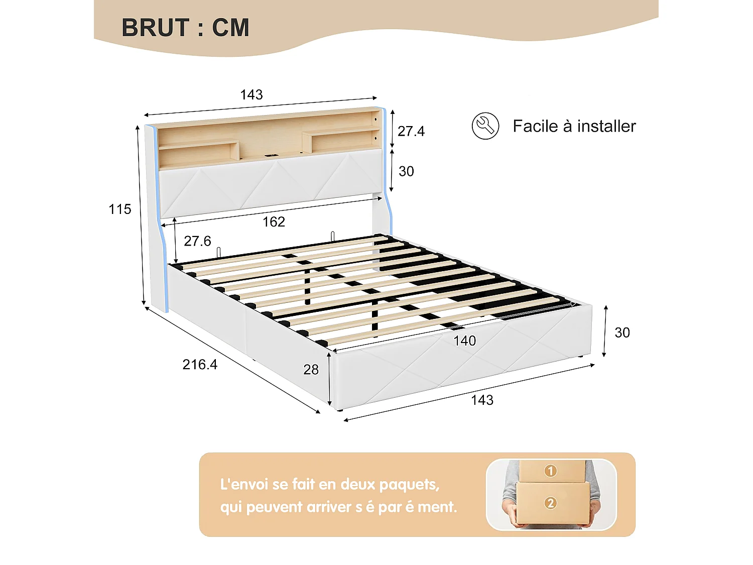 Lit coffre 140x190 - POCKETPOP - PU blanc - Tête de lit avec led et usb - Cadre de Lit avec Sommier à Lattes en Bois - 2 places