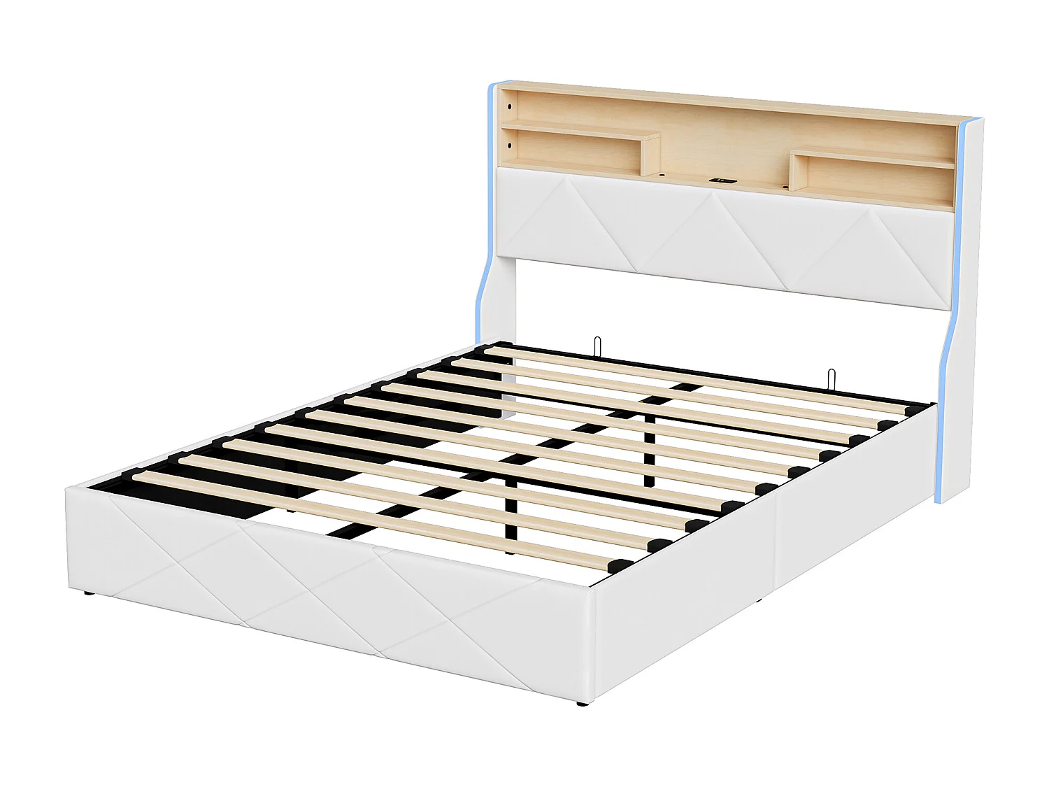 Lit coffre 140x190 - POCKETPOP - PU blanc - Tête de lit avec led et usb - Cadre de Lit avec Sommier à Lattes en Bois - 2 places