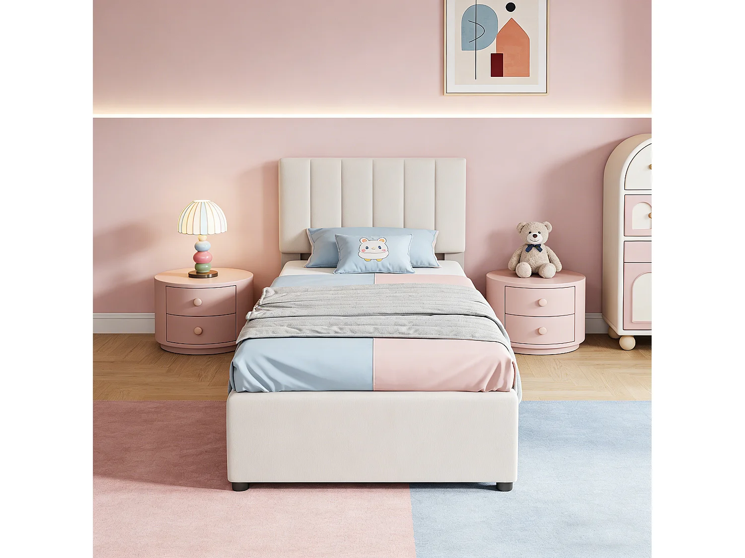 Lit enfant 90x200cm - lit coffre avec tête de lit - lit simple en lin doux - lit 90x200 avec sommier - beige