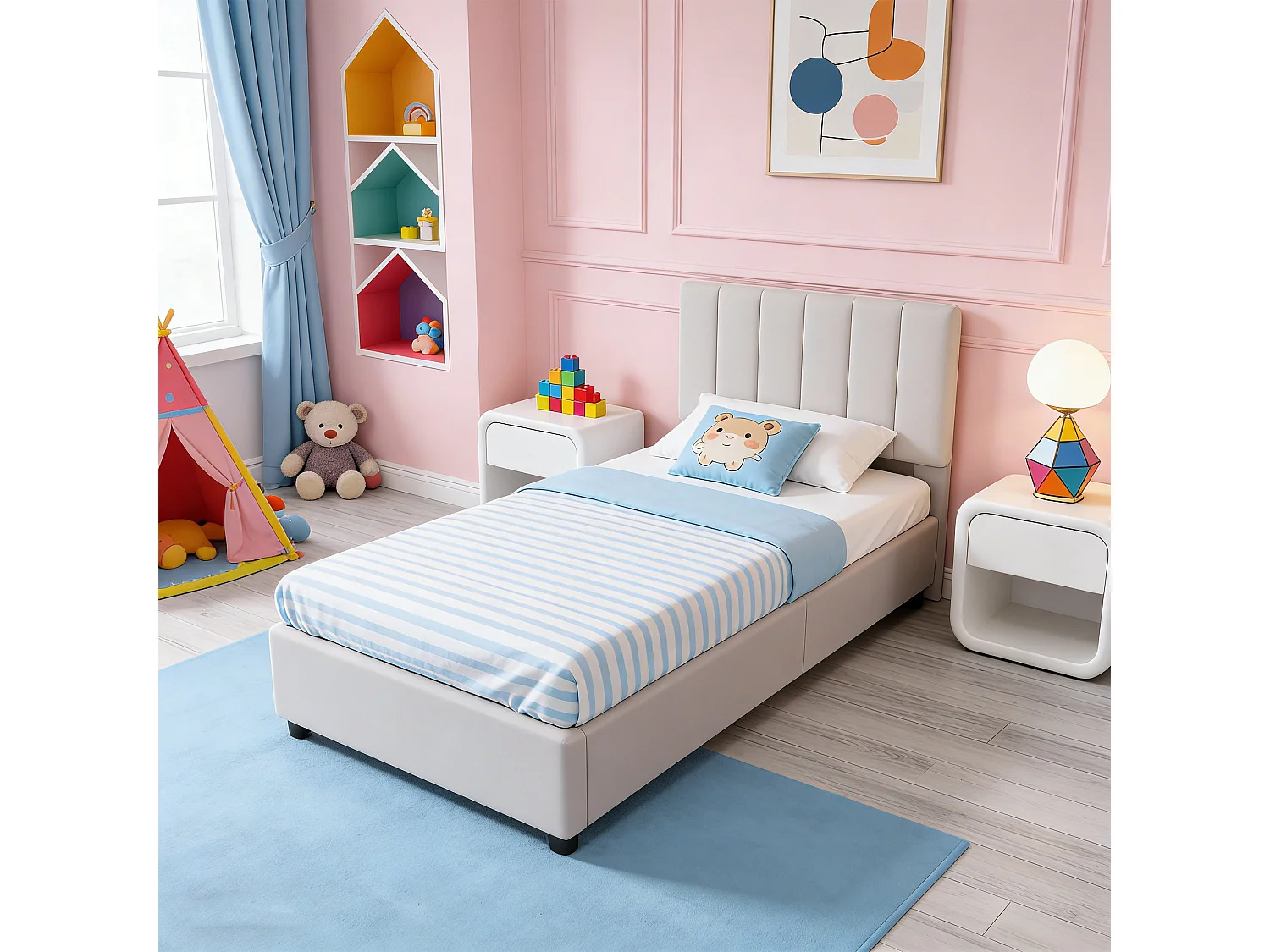 Lit enfant 90x200cm - lit coffre avec tête de lit - lit simple en lin doux - lit 90x200 avec sommier - beige