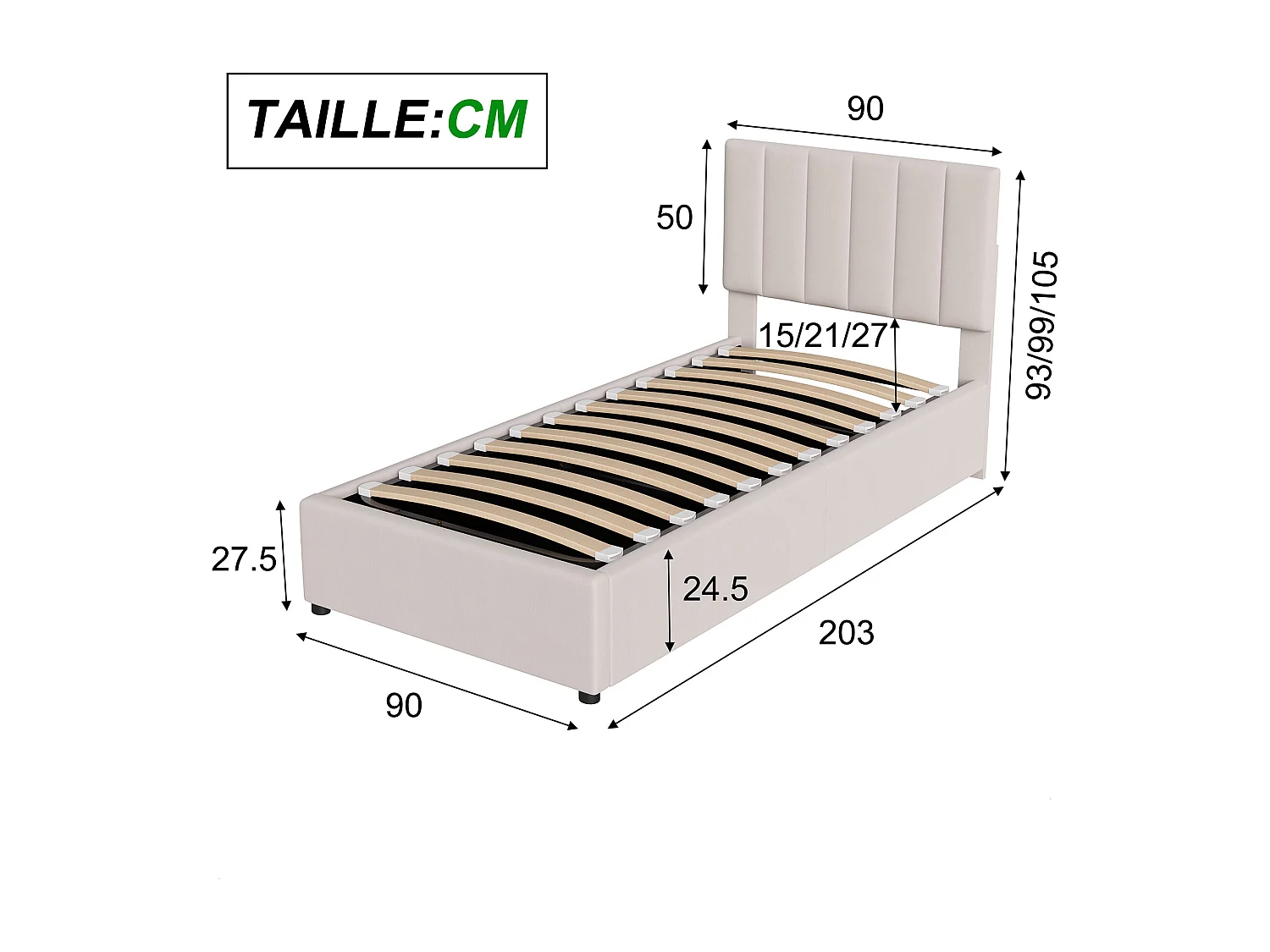 Lit enfant 90x200cm - lit coffre avec tête de lit - lit simple en lin doux - lit 90x200 avec sommier - beige