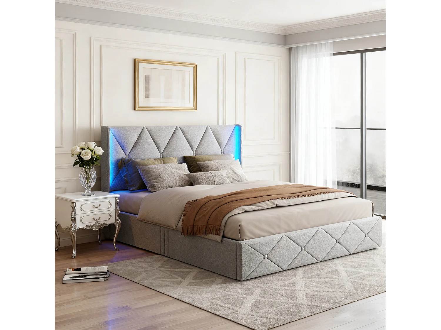 Lit coffre 140x190 - POCKETPOP - Velours gris - Tête de lit avec Led - Cadre de Lit avec Sommier à Lattes en Bois - 2 places