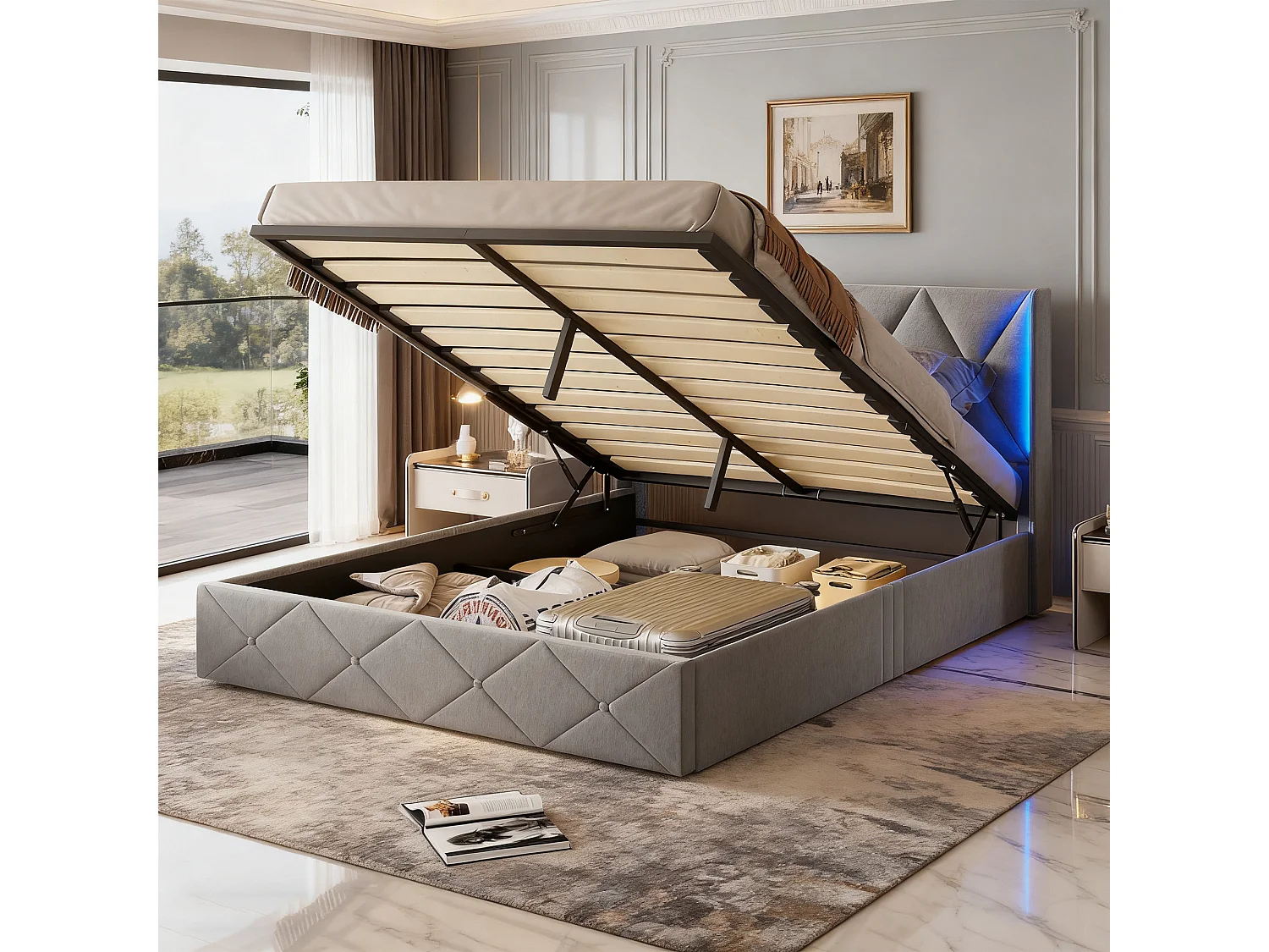 Lit coffre 140x190 - POCKETPOP - Velours gris - Tête de lit avec Led - Cadre de Lit avec Sommier à Lattes en Bois - 2 places