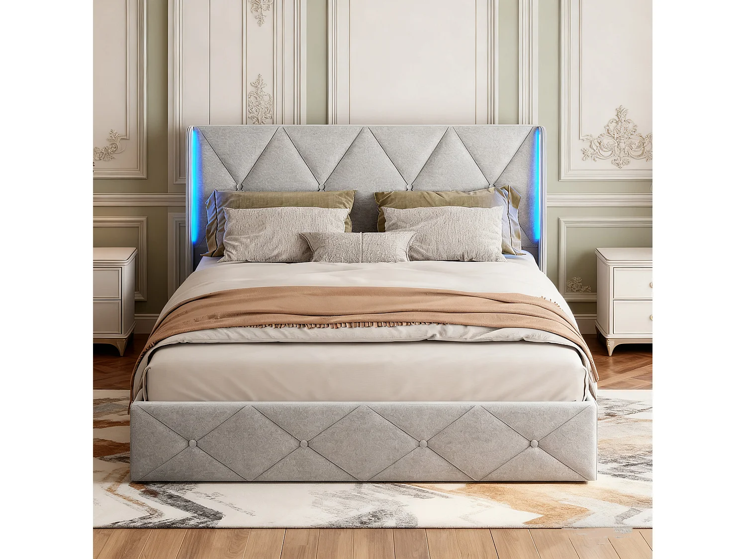 Lit coffre 140x190 - POCKETPOP - Velours gris - Tête de lit avec Led - Cadre de Lit avec Sommier à Lattes en Bois - 2 places