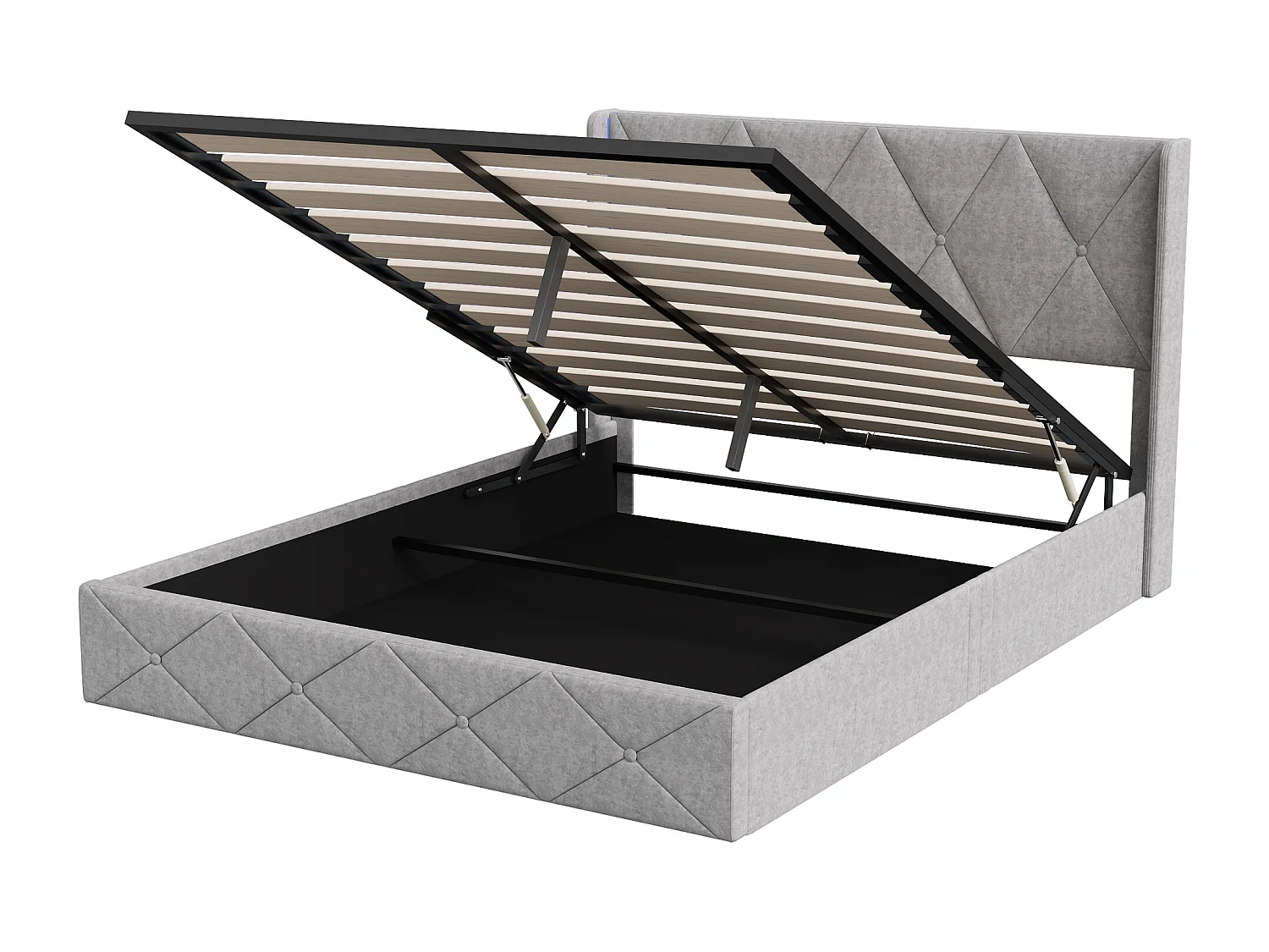 Lit coffre 140x190 - POCKETPOP - Velours gris - Tête de lit avec Led - Cadre de Lit avec Sommier à Lattes en Bois - 2 places