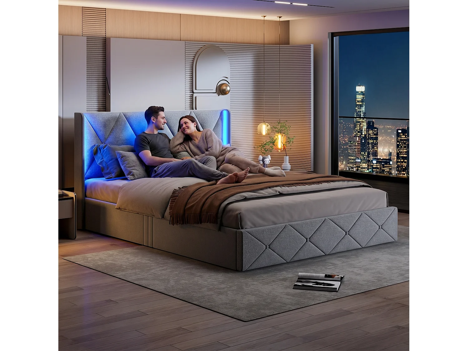 Lit coffre 140x190 cm 2 places avec tête de lit LED, sommier à lattes en bois, velours gris