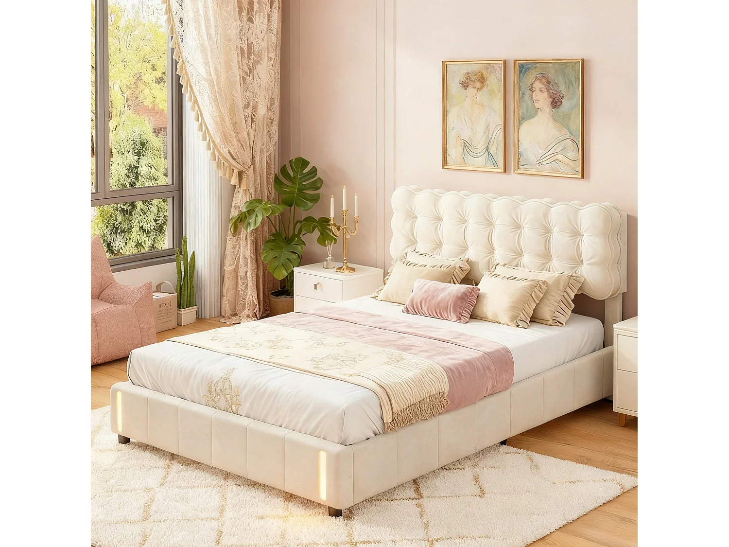 Lit coffre 140x190 cm, NEXU, LED, Velours,cadre de lit 140x190 cm,Beige