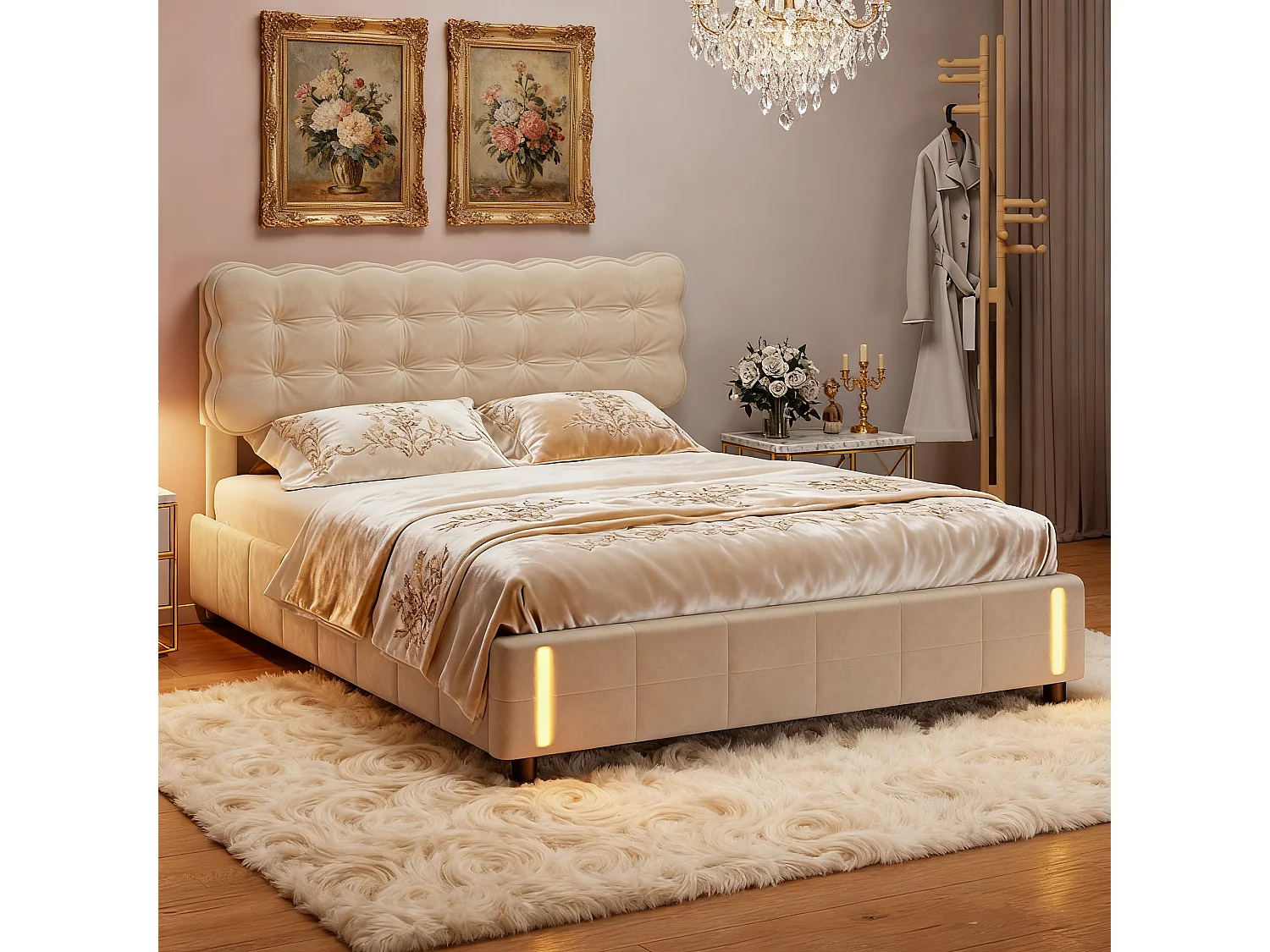 Lit coffre 140x190 cm, NEXU, LED, Velours,cadre de lit 140x190 cm,Beige