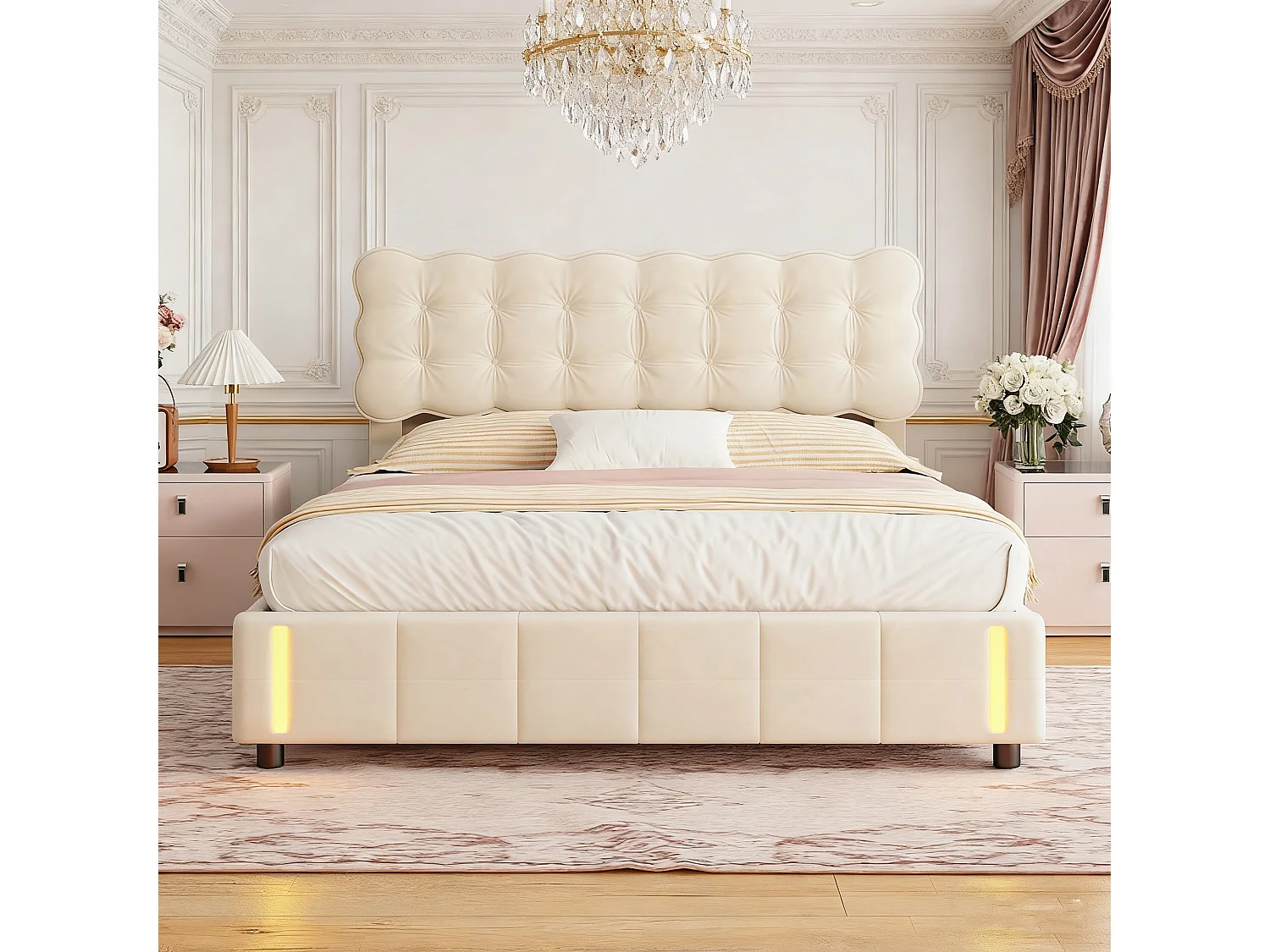 Lit coffre 140x190 cm, NEXU, LED, Velours,cadre de lit 140x190 cm,Beige