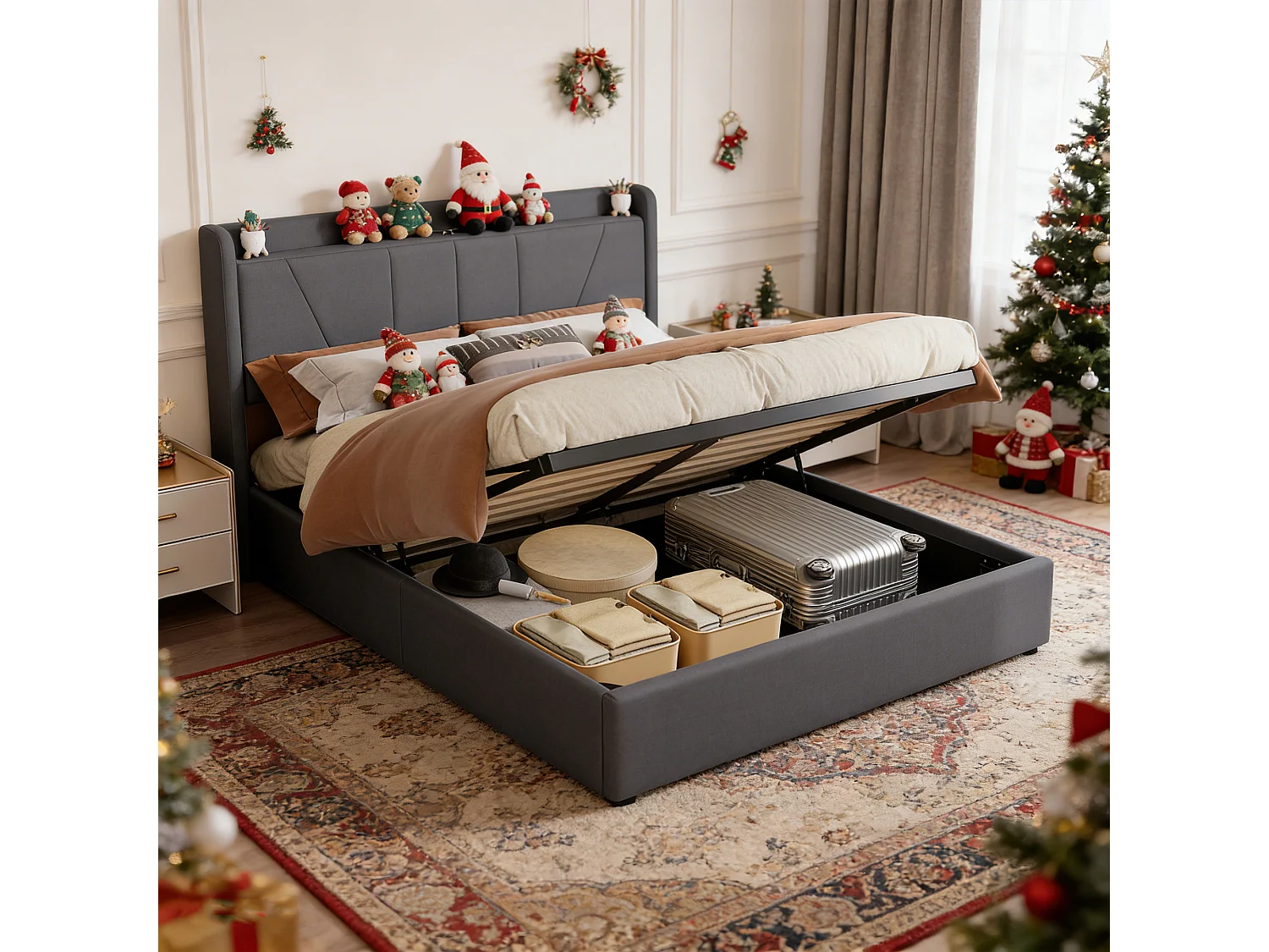 Lit coffre 140x190 avec sommier, lit 140x190 avec rangement, USB et type C, Lignes simples, Lin, gris