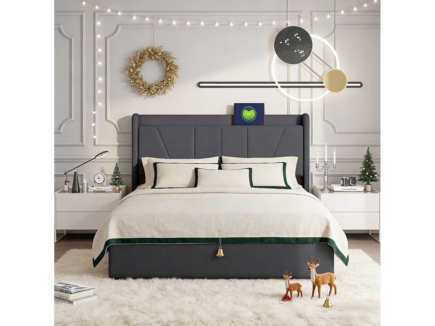 Lit coffre 140x190 avec sommier, lit 140x190 avec rangement, USB et type C, Lignes simples, Lin, gris