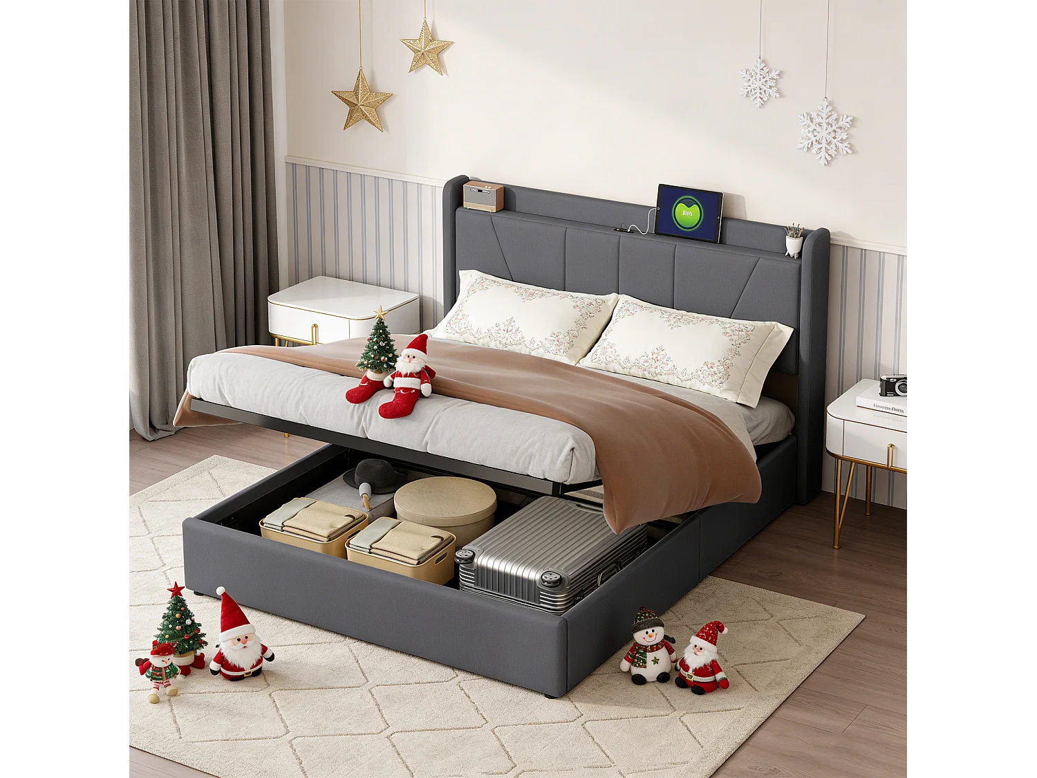 Lit coffre 140x190 avec sommier, lit 140x190 avec rangement, USB et type C, Lignes simples, Lin, gris