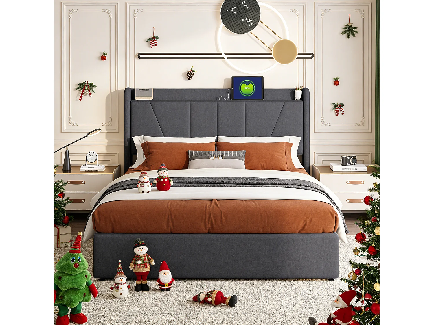 Lit coffre 140x190 avec sommier, lit 140x190 avec rangement, USB et type C, Lignes simples, Lin, gris