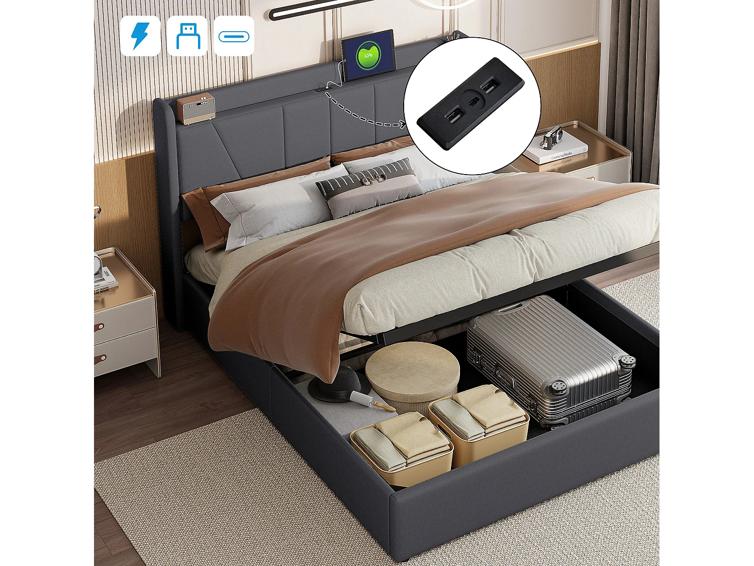 Lit coffre 140x190 avec sommier, lit 140x190 avec rangement, USB et type C, Lignes simples, Lin, gris